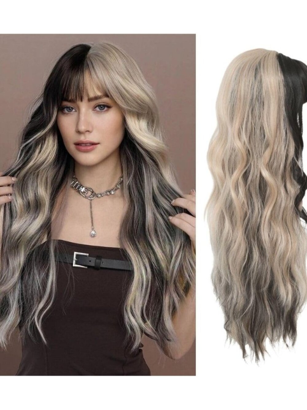 Black Blonde Long Curly Wavy Wig for Women with Bangs Black Mix Blonde Highlight